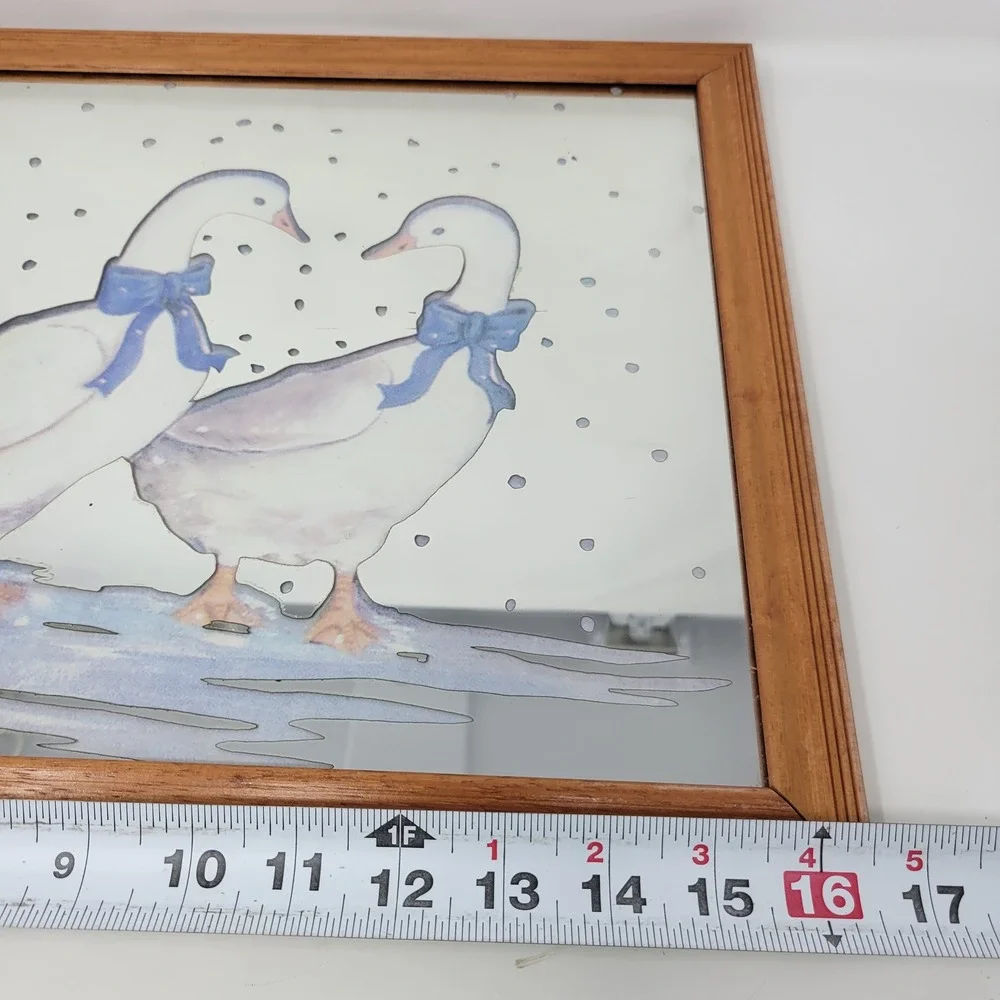 Vintage 80s Country Geese Framed Mirror Wall Art Blue Bows Wood Frame 16.5x12.5